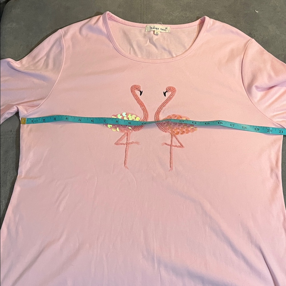 Indigo Soul pink beaded flamingo 3/4 length sleeve cotton shirt Large - Picture 13 of 14
